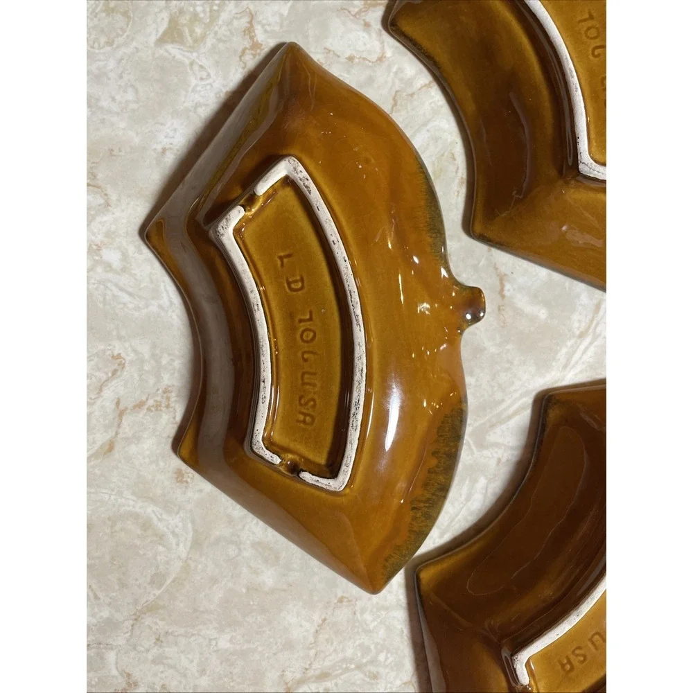 Vintage MCM ceramic lazy susan relish dish set leaf‎ or acorn green brown glaze
